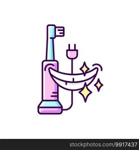Electric toothbrush RGB color icon. Removing plaque buildup. Dental hygiene. Cleaning teeth and gums. Bristles vibration and rotation. Automatic bristle motions. Isolated vector illustration. Electric toothbrush RGB color icon