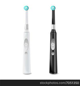 Electric Toothbrush Set Vector. Realistic Classic Tooth Brush Mock Up For Branding Design. Black And White. Isolated On White Illustration.. Electric Toothbrush Set Vector. Realistic Classic Tooth Brush Mock Up For Branding Design. Black And White. Isolated