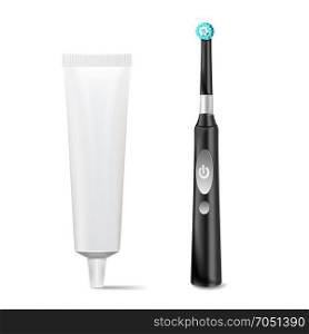 Electric Toothbrush, Toothpaste Tube Vector. Realistic Classic Tooth Brush Mock Up For Branding Design. Isolated On White Illustration.. Toothbrush And Toothpaste Tube Vector. Realistic Electric Tooth Brush Mock Up For Branding Design. Isolated On White Illustration.
