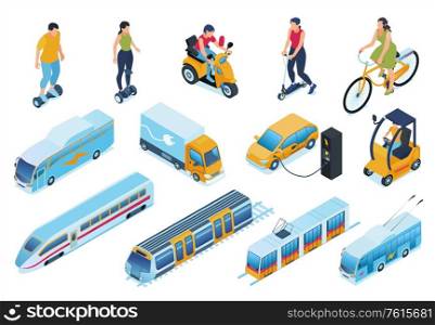 Electric transport isometric set with car and bike symbols isolated vector illustration
