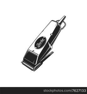 Electric trimmer isolated electrical hair clipper monochrome icon. Vector retro hairdresser machine trimmer, facial hair, beard and mustache shaver. Trimming device with sharp cutting blades. Electrical hair trimmers isolated hair cut trimmer