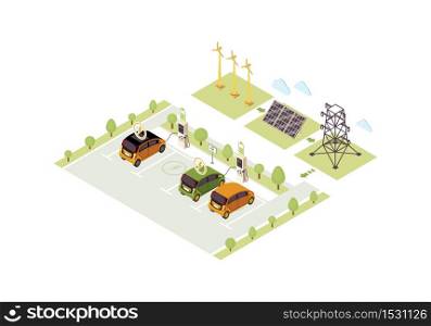Electric vehicle charge station isometric color vector illustration. Eco car charging infographic. Automobile battery filling 3d concept. Solar, wind energy production. Webpage, mobile app design. Electric vehicle charge station isometric color vector illustration