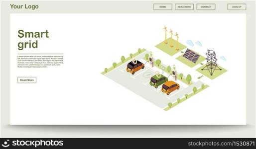 Electric vehicle charge station webpage vector template with isometric illustration. Smart grid. Solar energy production. Renewable power. Website interface design. Webpage, mobile app 3d concept. Electric vehicle charge station webpage vector template with isometric illustration