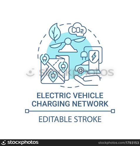 Electric vehicle charging network blue concept icon. Fuel abolition abstract idea thin line illustration. Electric station for vehicle recharging.Vector isolated outline color drawing. Editable stroke. Electric vehicle charging network blue concept icon