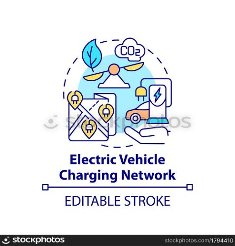 Electric vehicle charging network concept icon. Charging point for car abstract idea thin line illustration. Ecological transport. Vector isolated outline color drawing. Editable stroke. Electric vehicle charging network concept icon