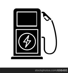 Electric vehicle charging station glyph icon. Electric car service. Car charge. Electric charging point. Silhouette symbol. Negative space. Vector isolated illustration. Electric vehicle charging station glyph icon