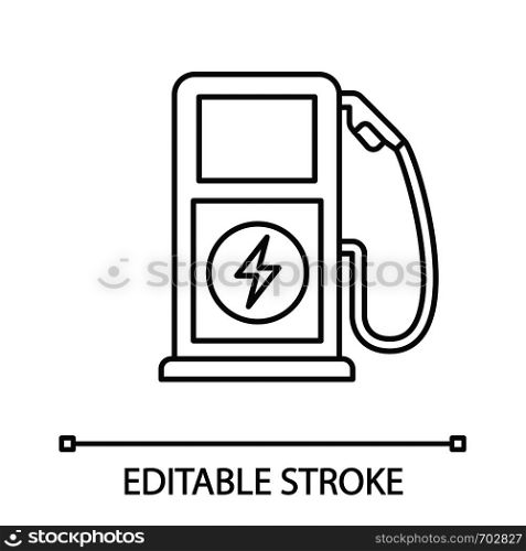 Electric vehicle charging station linear icon. Thin line illustration. Electric car service. Car charge. Electric charging point. Contour symbol. Vector isolated outline drawing. Editable stroke. Electric vehicle charging station linear icon