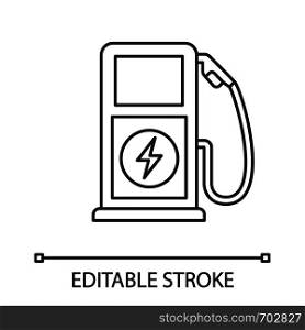 Electric vehicle charging station linear icon. Thin line illustration. Electric car service. Car charge. Electric charging point. Contour symbol. Vector isolated outline drawing. Editable stroke. Electric vehicle charging station linear icon