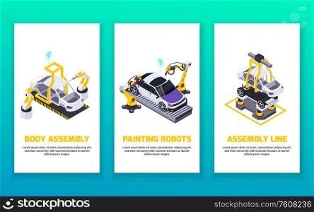 Electric vehicle production isometric vertical banners set with automated robotic arms assembly line and painting robots vector illustration