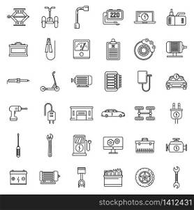 Electric vehicle repair service icons set. Outline set of electric vehicle repair service vector icons for web design isolated on white background. Electric vehicle repair service icons set, outline style