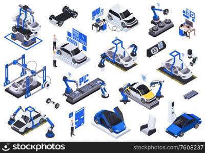 Electric vehicles production isometric icons set with robotic assembly line testing charging holographic projections screens vector illustration