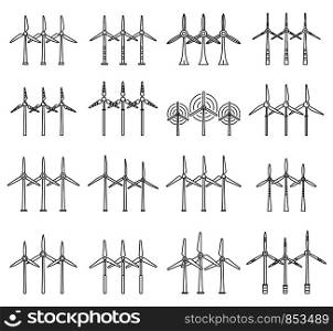 Electric wind turbine icons set. Outline set of electric wind turbine vector icons for web design isolated on white background. Electric wind turbine icons set, outline style