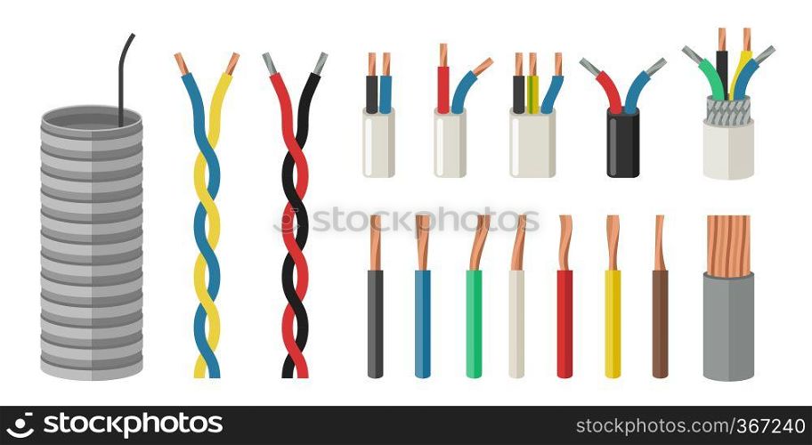 Electrical cables in flat style. Set with varieties of electric wire.. Electrical cables