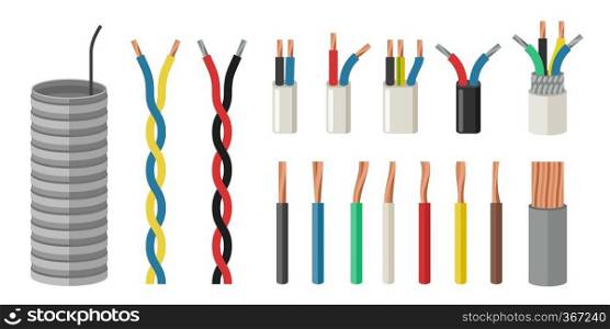 Electrical cables in flat style. Set with varieties of electric wire.. Electrical cables