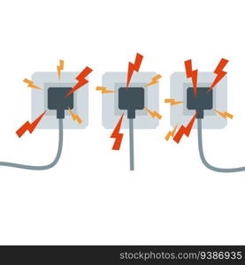 Electrical circuit. Shock, red lightning and yellow sparks from the outlet. Connector and plug. System overload. The problem with the appliance. Fire situation with smoke and safety.. Electrical circuit. Shock, red lightning