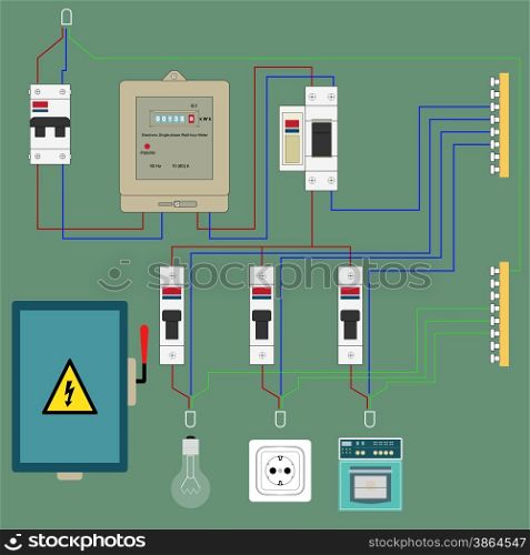 Electrical circuit with an image of electric devices in flat-style. Electric circuit