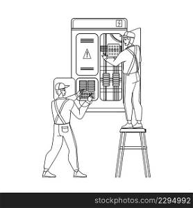 Electrical Engineering Cabinet Workers Black Line Pencil Drawing Vector. Men Engineers Research And Electrical Engineering Together, Checking Voltage And Electric Cables. Characters Maintenance. Electrical Engineering Cabinet Workers Vector
