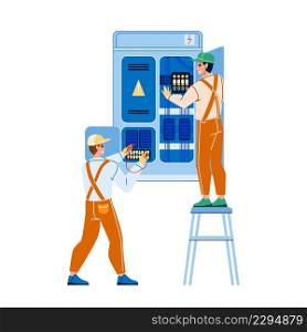 Electrical Engineering Cabinet Workers Vector. Men Engineers Research And Electrical Engineering Together, Checking Voltage And Electric Cables. Characters Maintenance Flat Cartoon Illustration. Electrical Engineering Cabinet Workers Vector