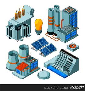 Electrical equipment. Watt electricity lighting generators vector isometric pictures isolated. Energy equipment, electricity power station illustration. Electrical equipment. Watt electricity lighting generators vector isometric pictures isolated