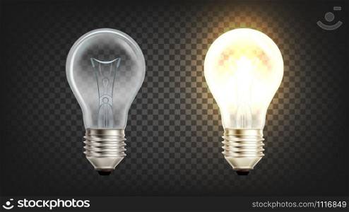 Electrical Glowing Incandescent Light Bulb Vector. Lightbulb With Wire Filament Heated To Such High Temperature That it Glows With Visible Light. Illuminate Equipment Layout Realistic 3d Illustration. Electrical Glowing Incandescent Light Bulb Vector