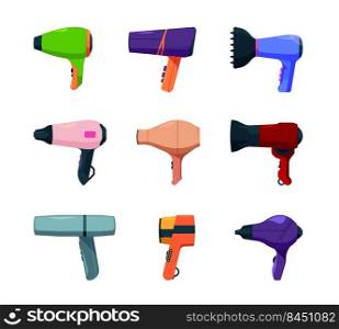 Electrical hairdryer. Barbershop items colored tools for beauty salon hair care garish vector illustrations set isolated. Hairdryer equipment and electric drying illustration. Electrical hairdryer. Barbershop items colored tools for beauty salon hair care garish vector illustrations set isolated