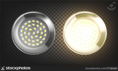 Electrical Lighting Led Light Lamp Panel Vector. Energy-saving Eco-friendly Lamp Innovation Technology With Metallic Round Frame. Office Illuminate Device Layout Realistic 3d Illustration. Electrical Lighting Led Light Lamp Panel Vector