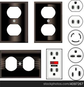 Electrical outlets and faceplates in shiny black - vector set