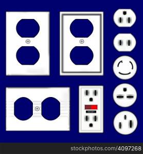 Electrical outlets and faceplates in shiny white plastic - vector set