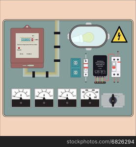 Electrical panel, sensor. Picture of the electrical panel, electric meter and circuit breakers