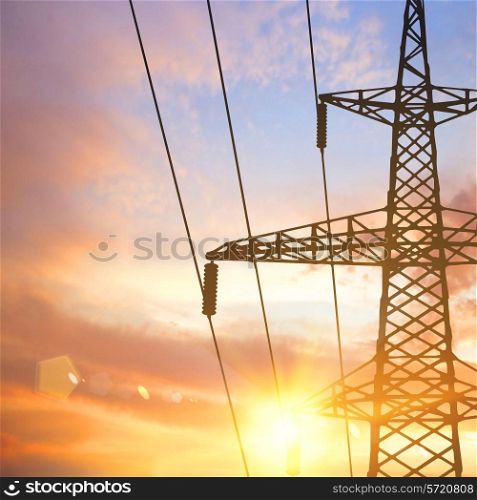 Electrical pylon and wires over sunset background. Vector illustration.