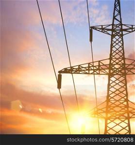 Electrical pylon and wires over sunset background. Vector illustration.