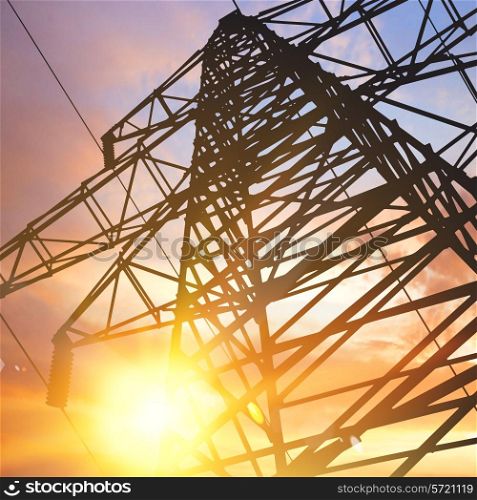 Electrical pylon over sunset background. Vector illustration.