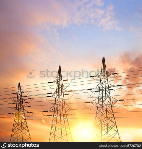 Electrical pylons over sunset background. Vector illustration.