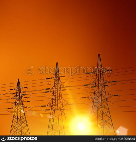 Electrical pylons over sunset background. Vector illustration.