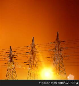 Electrical pylons over sunset background. Vector illustration.