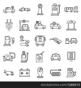 Electrical refueling car icons set. Outline set of electrical refueling car vector icons for web design isolated on white background. Electrical refueling car icons set, outline style