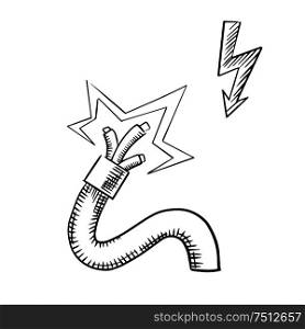 Electrical safety sketch showing damaged electrical power cable with sparkling bared wires and lightning bolt as high voltage symbol. Electrical cable with sparkling bared wires
