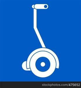 Electrical self balancing scooter icon white isolated on blue background vector illustration. Electrical self balancing scooter icon white