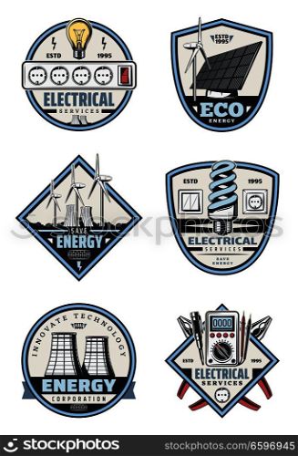 Electrical service, eco power electricity supply and energy saving vintage symbol. Electrician tool, light bulb, plug and plier, wind turbine, solar panel and nuclear power station retro badge design. Electrical service badge of electricity supply