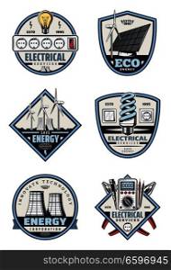 Electrical service, eco power electricity supply and energy saving vintage symbol. Electrician tool, light bulb, plug and plier, wind turbine, solar panel and nuclear power station retro badge design. Electrical service badge of electricity supply