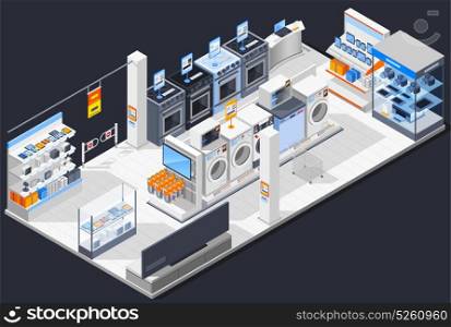 Electrical Shop Isometric Composition. Electronics supermarket isometric composition with domestic electric appliances retail store interior shop displays with items for sale vector illustration