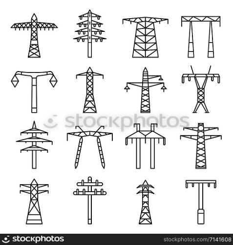 Electrical tower icon set. Outline set of electrical tower vector icons for web design isolated on white background. Electrical tower icon set, outline style