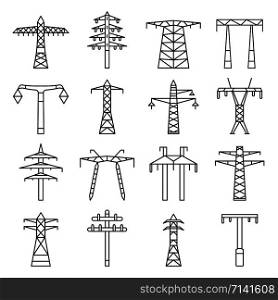 Electrical tower icon set. Outline set of electrical tower vector icons for web design isolated on white background. Electrical tower icon set, outline style