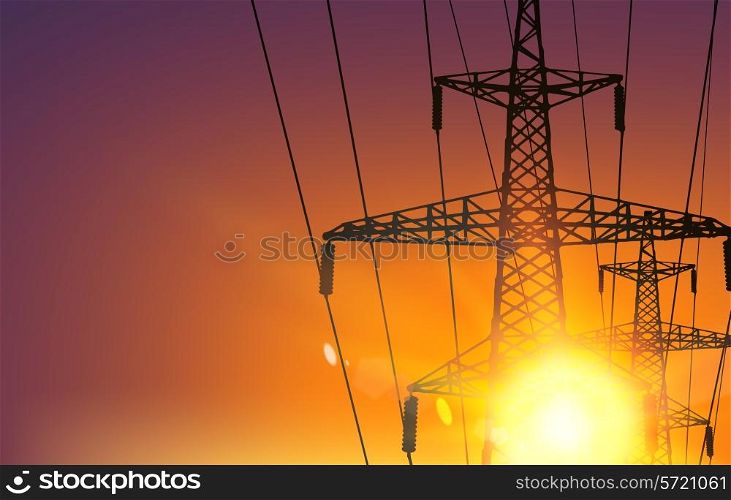 Electrical Transmission Line of High Voltage Over Sunrise. Vector Illustration.