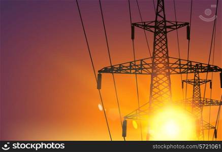 Electrical Transmission Line of High Voltage Over Sunrise. Vector Illustration.