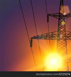 Electrical Transmission Line of High Voltage Over Sunset. Vector Illustration.