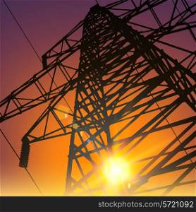 Electrical Transmission Line of High Voltage Over Sunset. Vector Illustration.