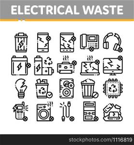 Electrical Waste Tools Collection Icons Set Vector Thin Line. Broken Electrical Cord And Battery, Phone And Earphones, Dynamic And Laptop Concept Linear Pictograms. Monochrome Contour Illustrations. Electrical Waste Tools Collection Icons Set Vector