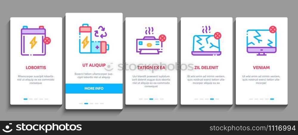 Electrical Waste Tools Onboarding Mobile App Page Screen. Broken Electrical Cord And Battery, Phone And Earphones, Dynamic And Laptop Concept Illustrations. Electrical Waste Tools Onboarding Elements Icons Set Vector