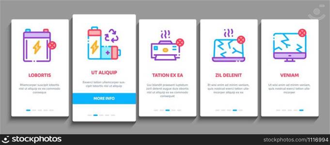 Electrical Waste Tools Onboarding Mobile App Page Screen. Broken Electrical Cord And Battery, Phone And Earphones, Dynamic And Laptop Concept Illustrations. Electrical Waste Tools Onboarding Elements Icons Set Vector